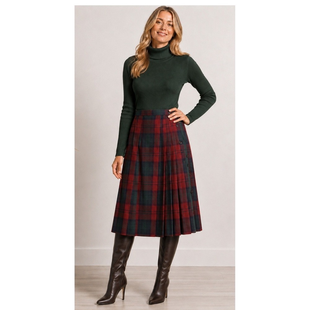 VTG 90s Plaid Pleated Side Button Midi Skirt Rayonโ Preppy Academia Red Sz 8